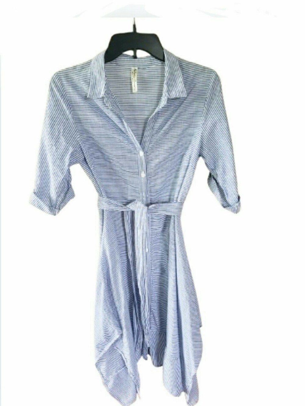 PerSeption Concept Asymmetrical Blue and White Striped Shirt Dress Mu